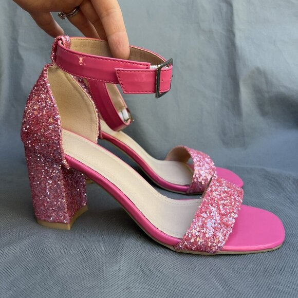 Bright Pink Glitter Block Heels Ankle Strap Open Toe Party Cocktail Sz 39 I 8.5 - Picture 2 of 8